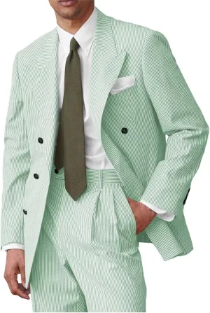 Men's Double Breated Seersucker Suit 2 Piece Seer Sucker Suit for Men Summer Beach Wedding Prom Suits Set