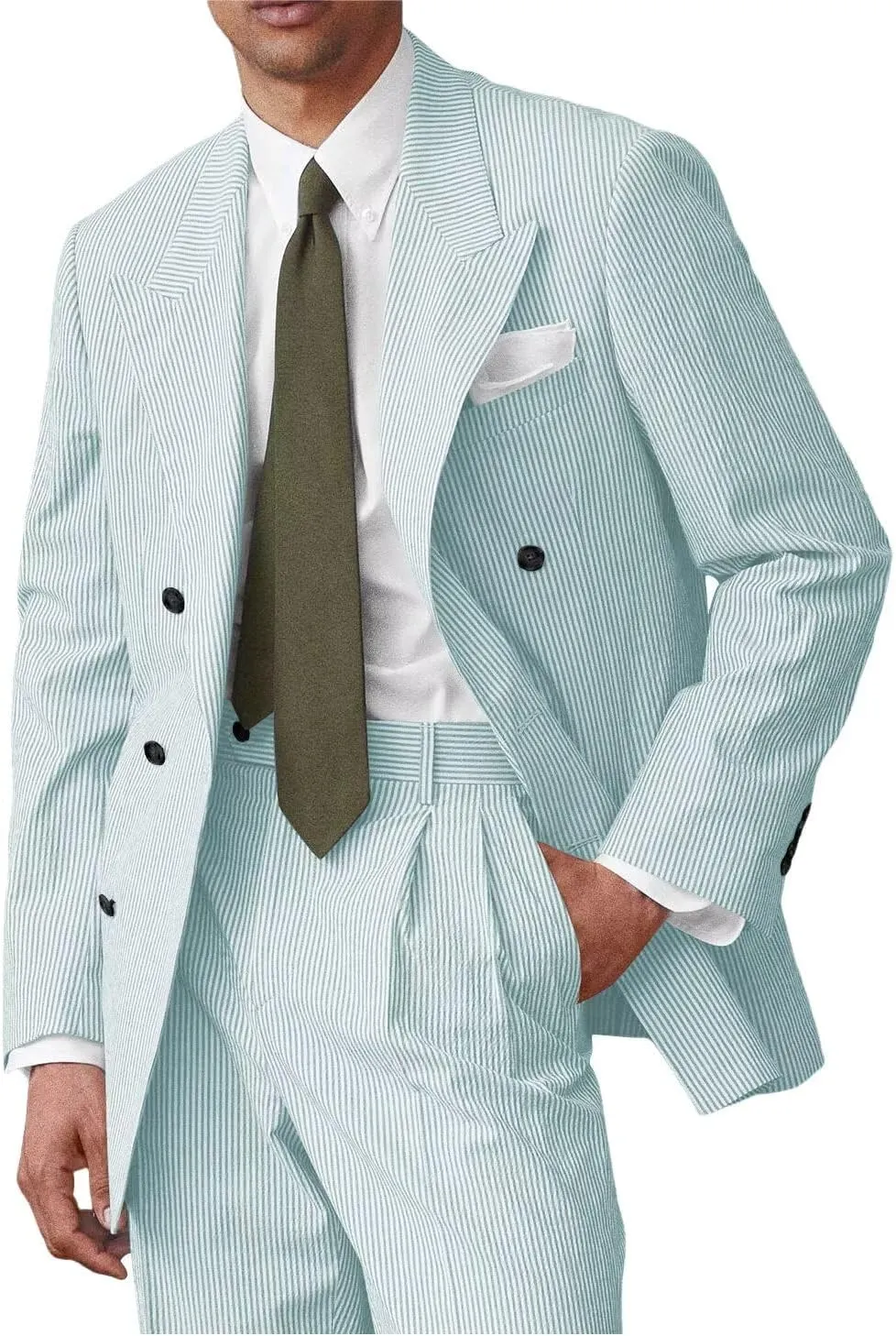 Men's Double Breated Seersucker Suit 2 Piece Seer Sucker Suit for Men Summer Beach Wedding Prom Suits Set
