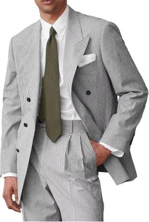 Men's Double Breated Seersucker Suit 2 Piece Seer Sucker Suit for Men Summer Beach Wedding Prom Suits Set