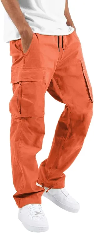 Men's Heavyweight Cargo Pants Elastic Waist Drawstring Jogger Sweatpants Straight Multi Pockets Outdoor Sports Trousers