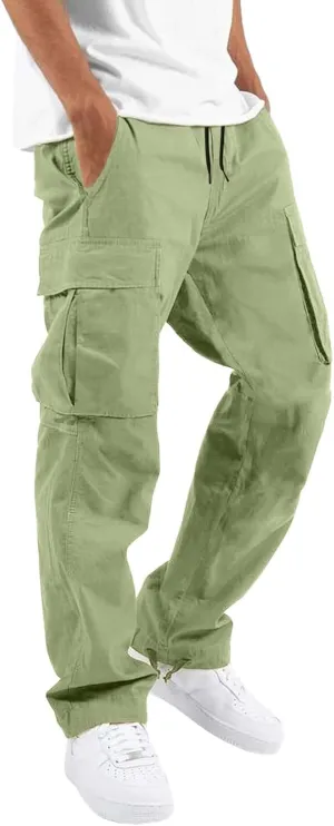 Men's Heavyweight Cargo Pants Elastic Waist Drawstring Jogger Sweatpants Straight Multi Pockets Outdoor Sports Trousers