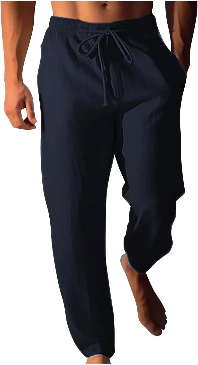 Men's Linen Pants Casual Drawstring Summer Beach Pants Elastic Waist Yoga Workout Trousers with Pockets