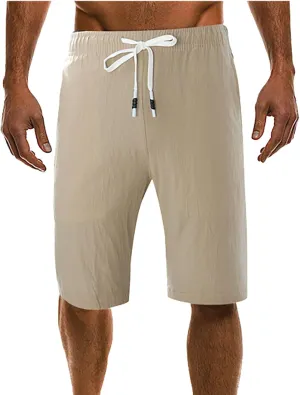 Men's Linen Shorts 11 Inch Inseam Flat Front Elastic Waist Shorts Casual Drawstring Casual Athletic Lounge Wide Leg Shorts
