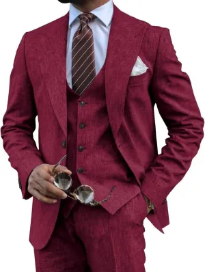 Mens Linen Suits 3 Piece Summer Wedding Suit Men Slim Fit Suits Linen Blazer Vest Pants Set Lightweight