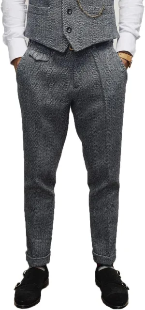 Mens Pants Herringbone Vintage Dress Pant Hemmed Pleated Suit Pants