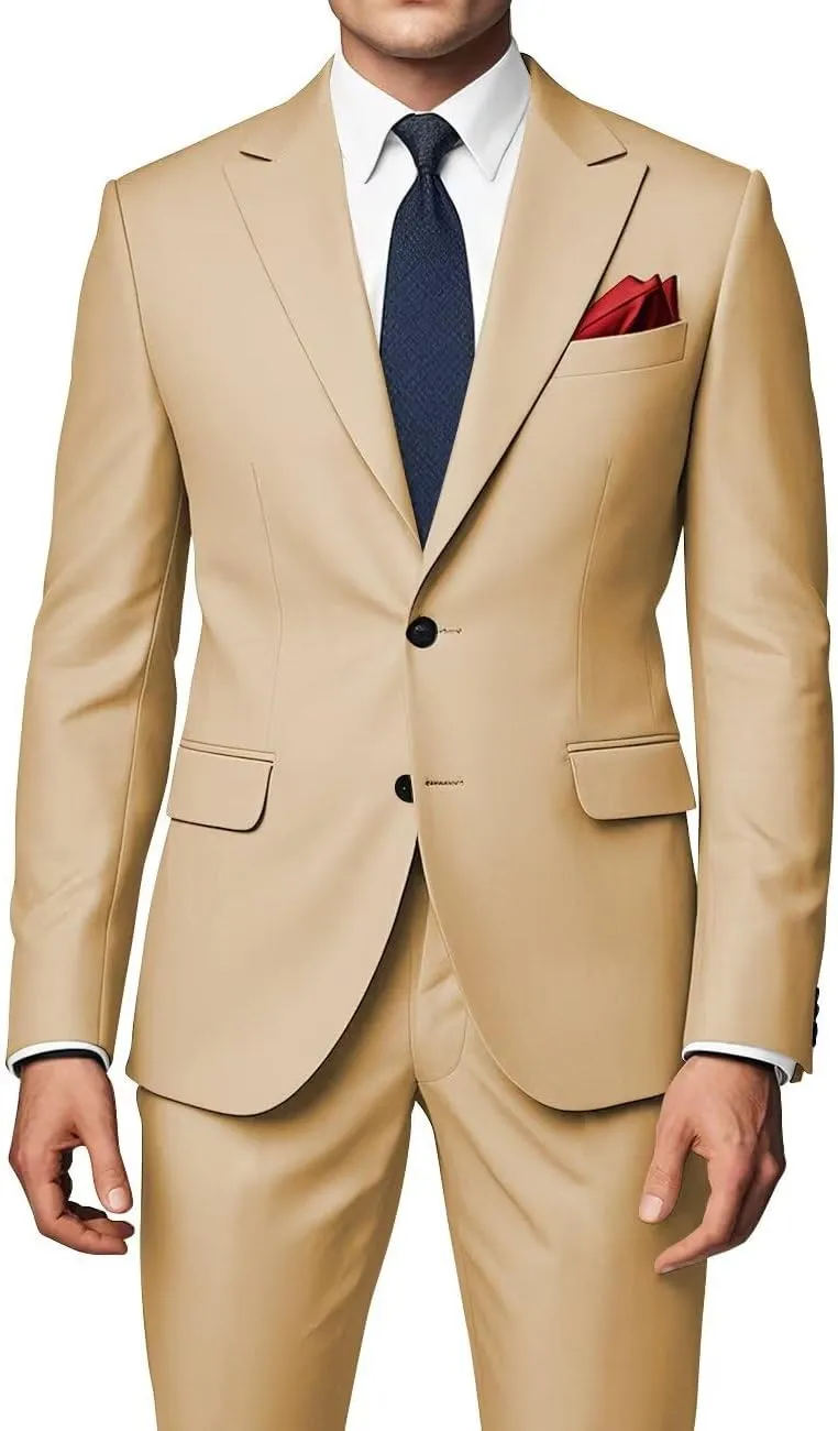 Men's Peak Lapel Suits 2 Piece Slim Fit Wedding Prom Business Suit 2 Button Blazer Jacket and Pants Tuxedo Set
