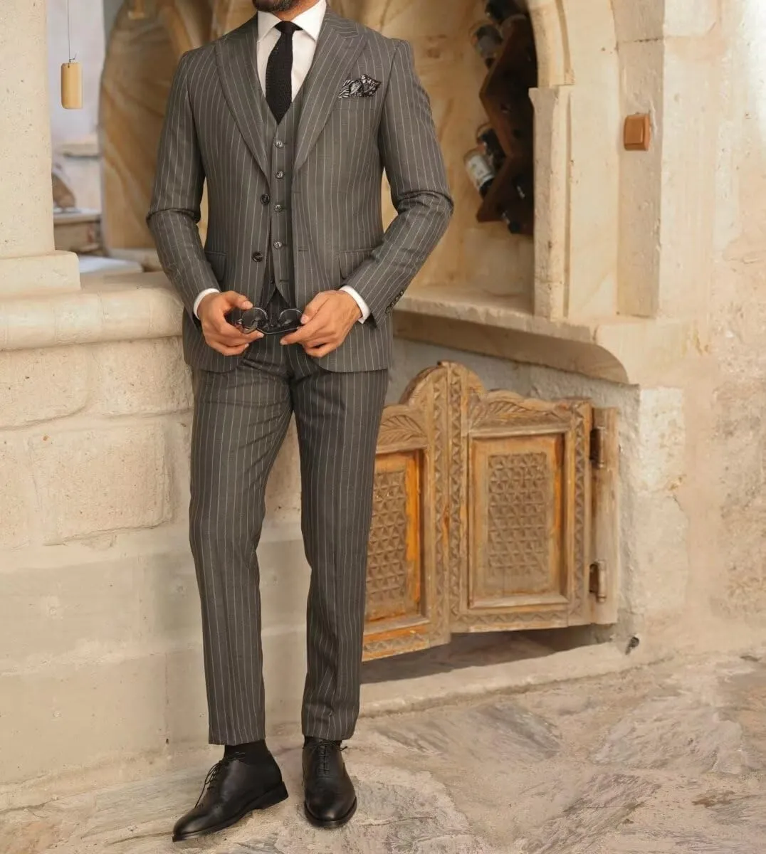 Men's Pinstripe 3 Piece Suit Slim Fit Gomez Addams Costume for Men Business Wedding Halloween Party Suits Set
