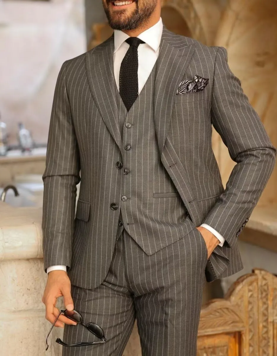 Men's Pinstripe 3 Piece Suit Slim Fit Gomez Addams Costume for Men Business Wedding Halloween Party Suits Set