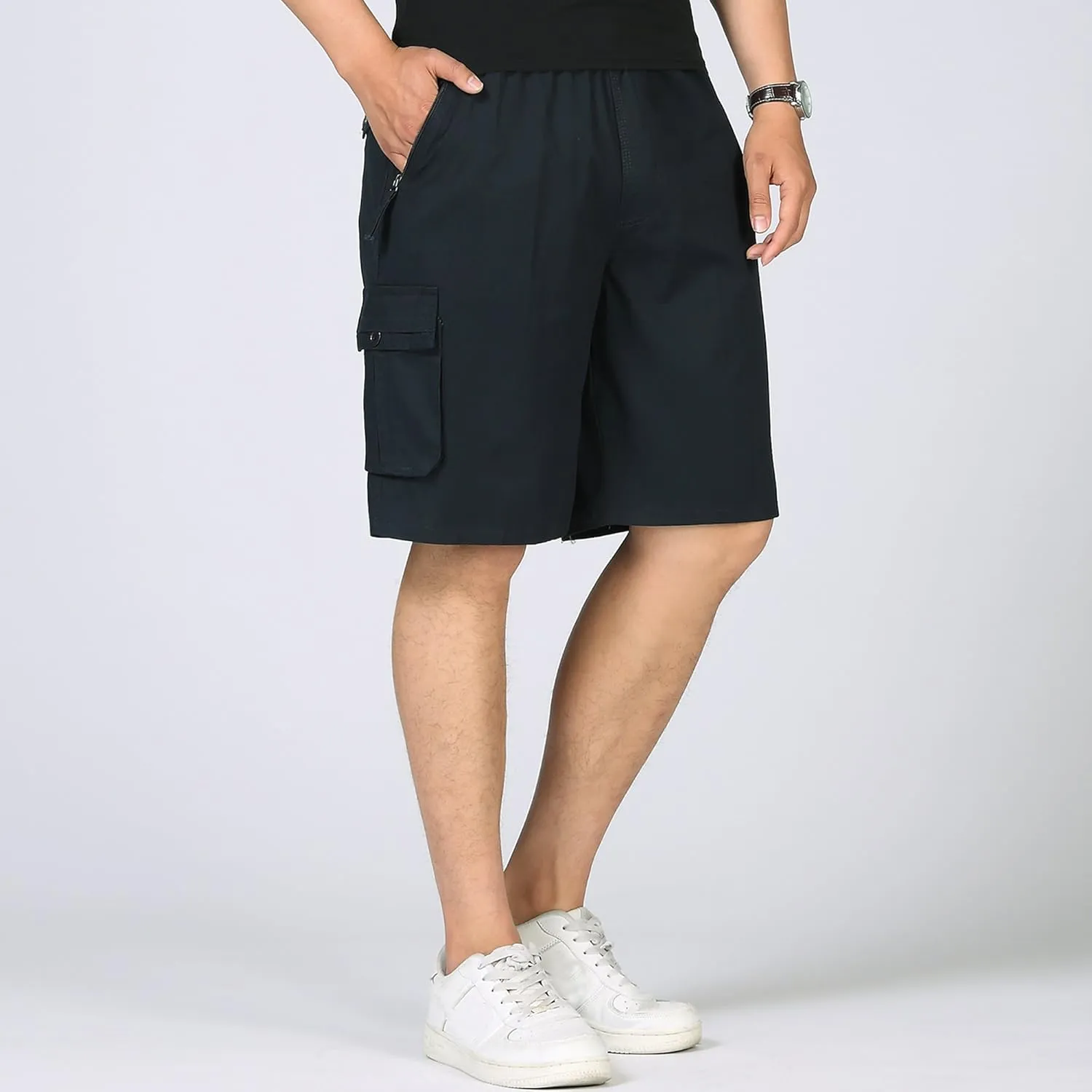Mens Rugged Twill Cargo Shorts Flat Front Utility Work Shorts Military Pants with Full Elastic Waist