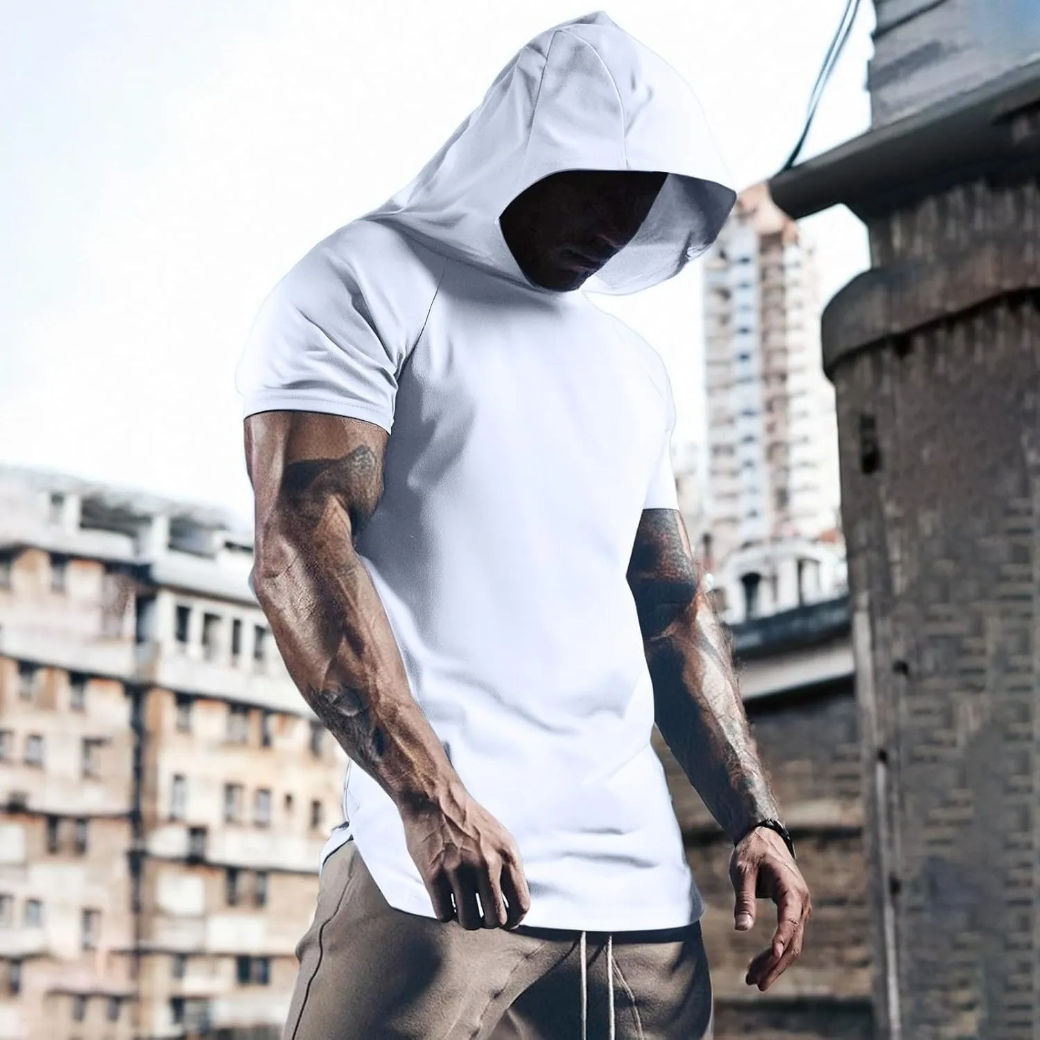 Mens Short Sleeve Hoodie Casual Loose Fit Gym Workout Tshirt Summer Sports Lightweight Training Athletic Undershirt
