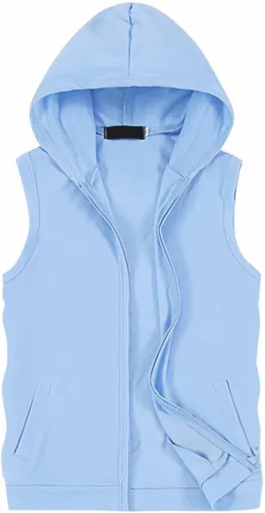 Men's Sleeveless Workout Hoodie Tank Tops Zip Up Summer Casual Oversized Shirts Loose Fit Solid Color Hooded Tees