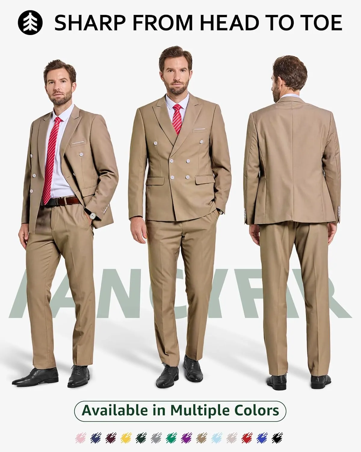 Men's Slim Fit 2-Piece Suit with Stretch Fabric, Double-Breasted Blazer Pants for Party, Business and Wedding