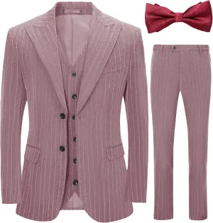 Mens Suit Slim Fit Tuxedo Blazer Vest Pants 3 Pieces Sets Bow Tie Pink Stripe Peaked Lapel Prom Party Wedding Dinner Size M