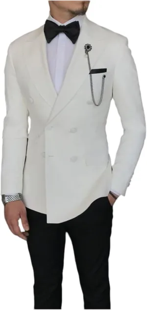 Men's Suits Slim Fit 2 Piece Shawl Lapel White Wedding Prom Tuxedo Double Breasted Jacket Pants Set
