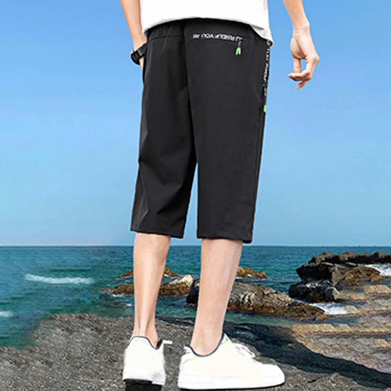 Men's Summer Thin Loose Sports Wear Ice Silk Quick Drying Leisure Beach Capri Pants Nonslip Band Men Pants
