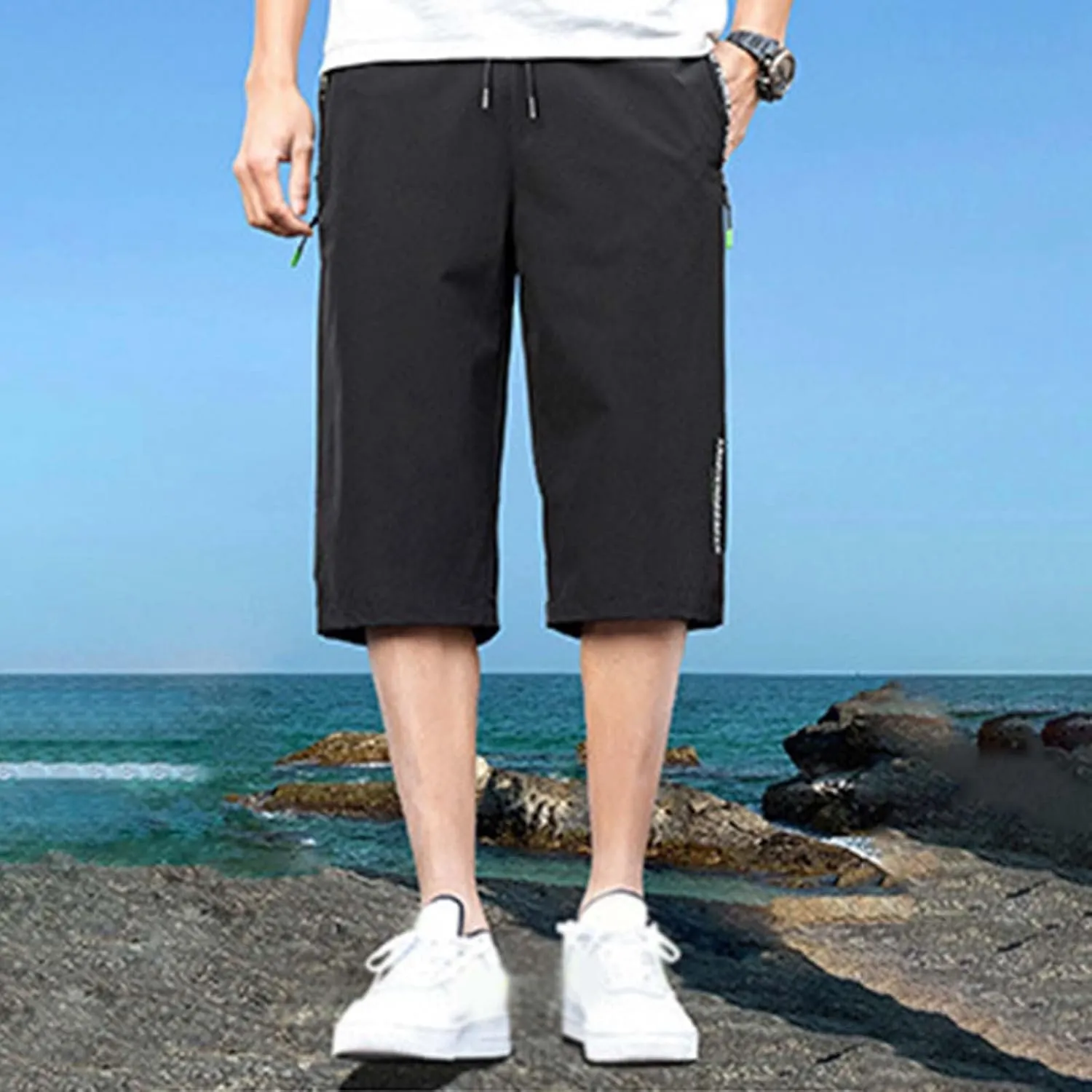 Men's Summer Thin Loose Sports Wear Ice Silk Quick Drying Leisure Beach Capri Pants Nonslip Band Men Pants