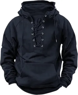 Mens Tactical Sweatshirts Lace Up Aztec Hooded Pullover Long Sleeve Cargo Workout Outdoor Hoodies with Pocket