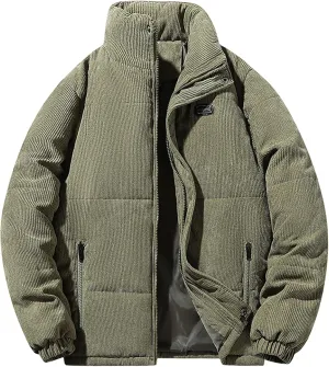 Mens Winter Coat Vintage Casual Corduroy Jacket Thickened Down Puffer Jacket Windproof Quilted Bomber Jackets Outerwear