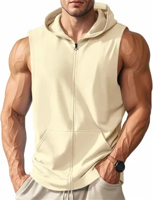 Men's Workout Hooded Tank Tops Zip Up Bodybuilding Muscle Cut Off T Shirt Sleeveless Gym Sports Training Hoodies Vests