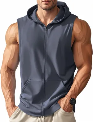 Men's Workout Hooded Tank Tops Zip Up Bodybuilding Muscle Cut Off T Shirt Sleeveless Gym Sports Training Hoodies Vests