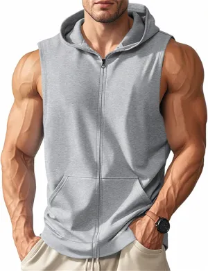 Men's Workout Hooded Tank Tops Zip Up Bodybuilding Muscle Cut Off T Shirt Sleeveless Gym Sports Training Hoodies Vests