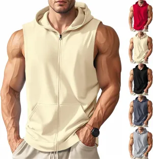 Men's Workout Hooded Tank Tops Zip Up Sleeveless Gym Shirts Bodybuilding Hoodies Classic Muscle Cut Off T-Shirt