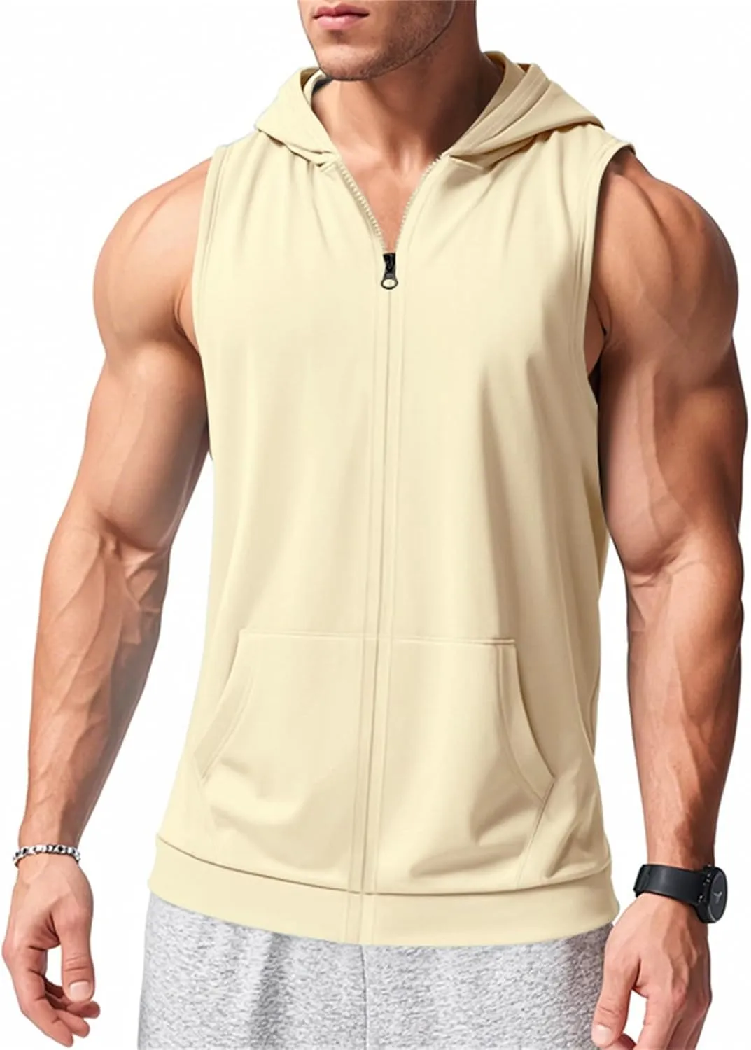 Men's Workout Hooded Tank Tops Zip Up Sleeveless Gym Shirts Bodybuilding Hoodies Classic Muscle Cut Off T-Shirt