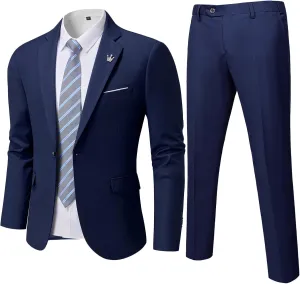 MrSure Men's 2 Piece Slim Fit Suit with Stretch Fabric, One Button Solid Jacket Pants & Tie Set