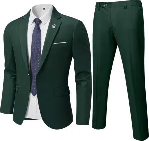 MrSure Men's 2 Piece Slim Fit Suit with Stretch Fabric, One Button Solid Jacket Pants & Tie Set