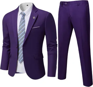 MrSure Men's 2 Piece Slim Fit Suit with Stretch Fabric, One Button Solid Jacket Pants & Tie Set