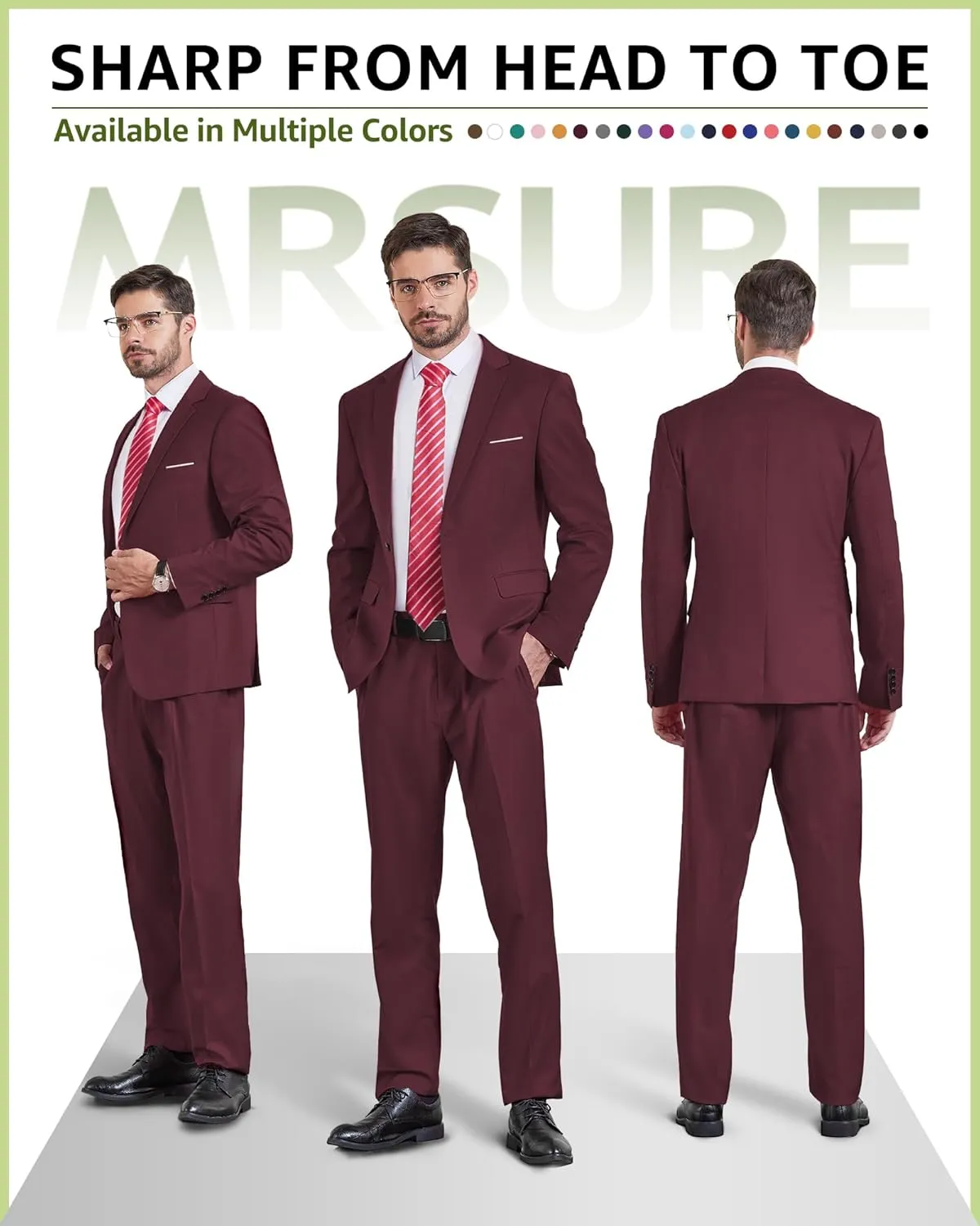 MrSure Men's 2 Piece Slim Fit Suit with Stretch Fabric, One Button Solid Jacket Pants & Tie Set