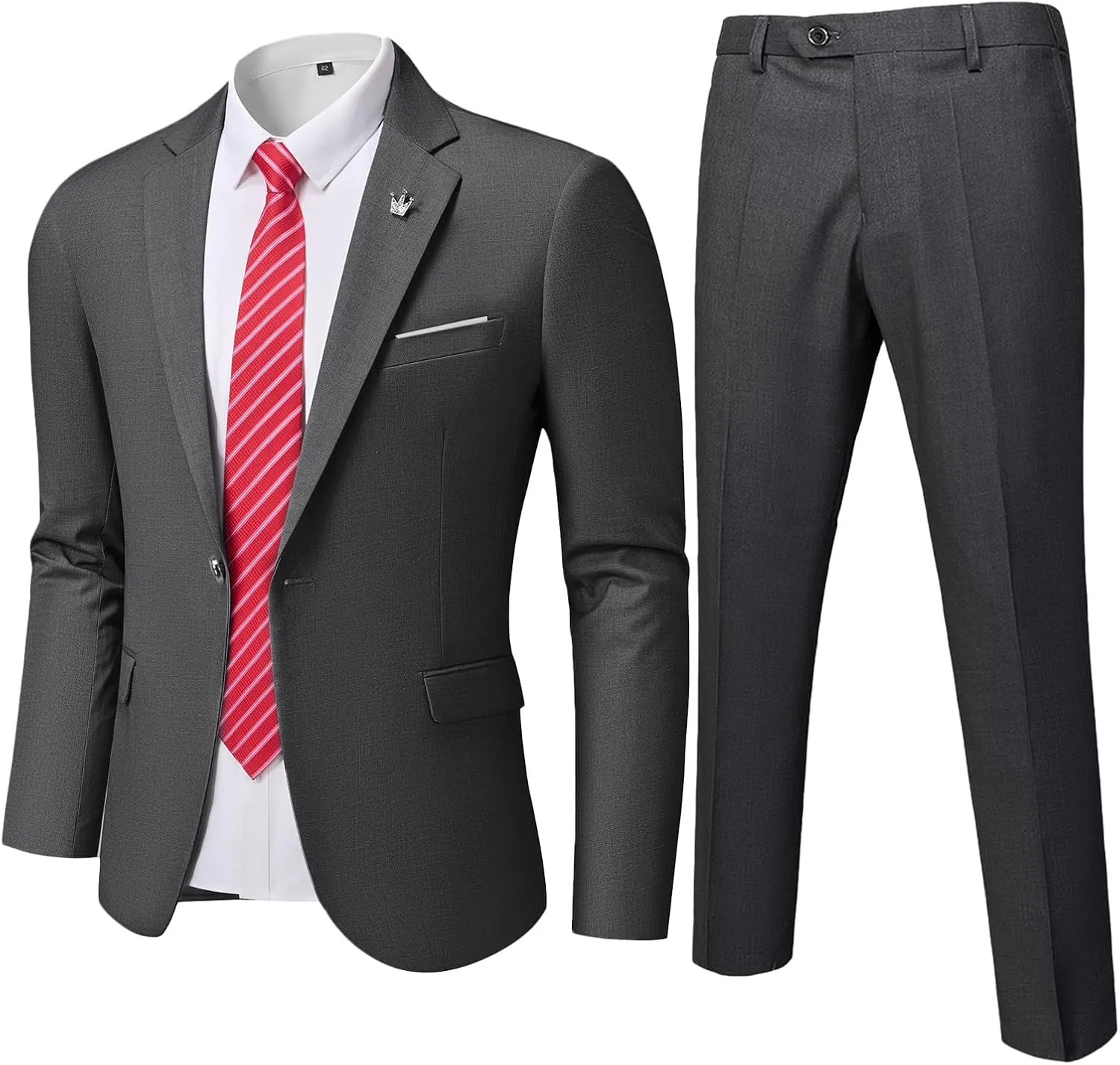 MrSure Men's 2 Piece Slim Fit Suit with Stretch Fabric, One Button Solid Jacket Pants & Tie Set
