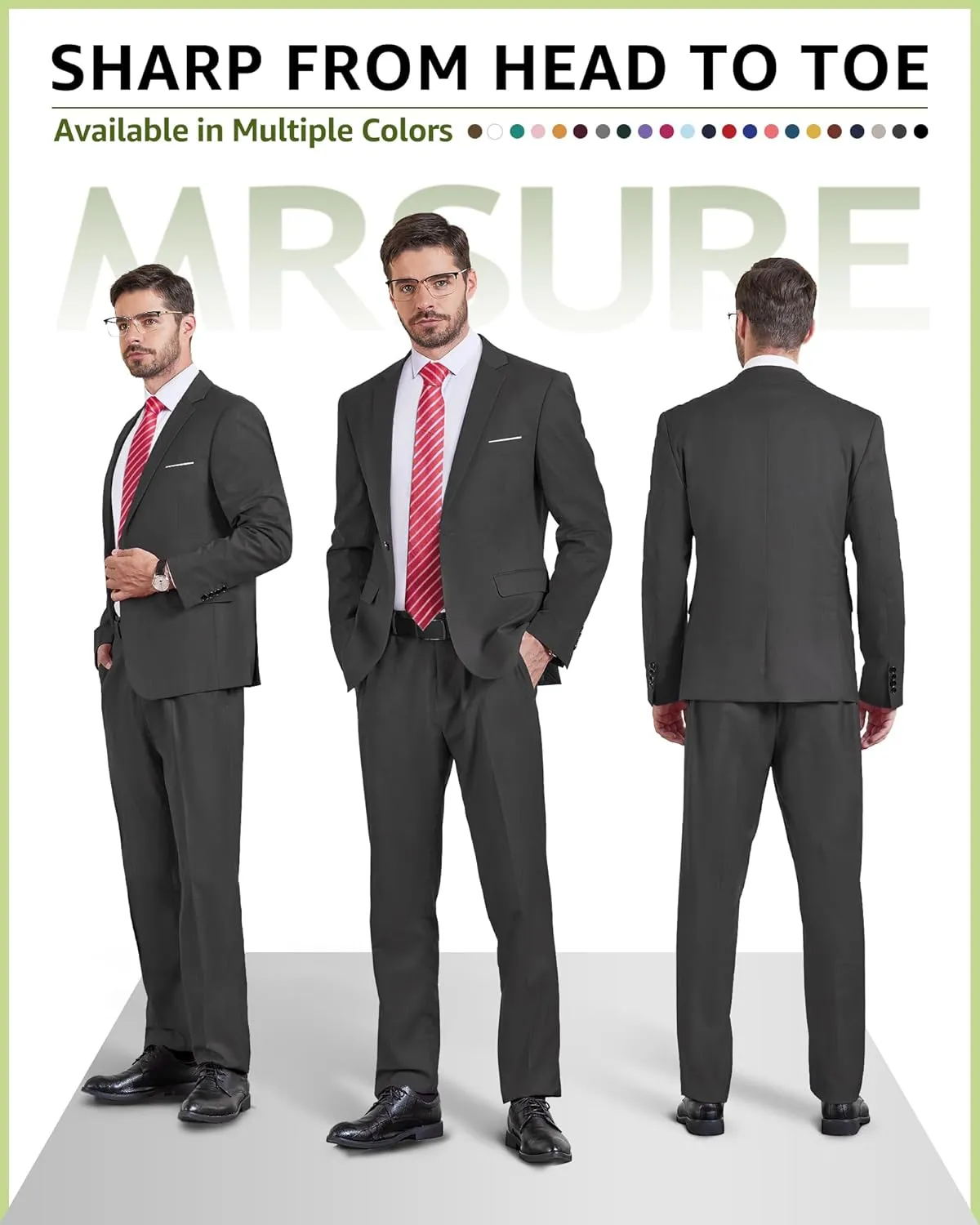 MrSure Men's 2 Piece Slim Fit Suit with Stretch Fabric, One Button Solid Jacket Pants & Tie Set