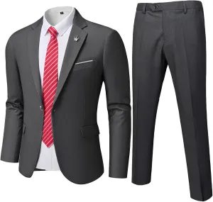 MrSure Men's 2 Piece Slim Fit Suit with Stretch Fabric, One Button Solid Jacket Pants & Tie Set