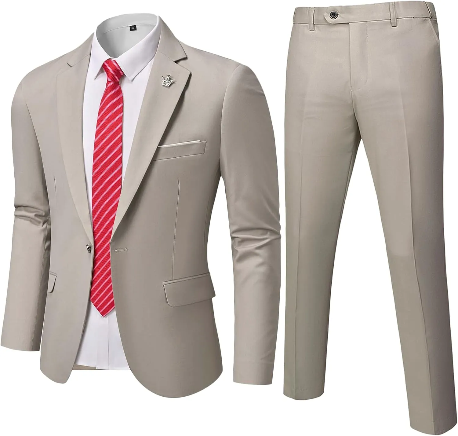 MrSure Men's 2 Piece Slim Fit Suit with Stretch Fabric, One Button Solid Jacket Pants & Tie Set