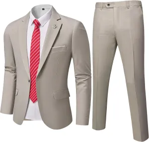 MrSure Men's 2 Piece Slim Fit Suit with Stretch Fabric, One Button Solid Jacket Pants & Tie Set
