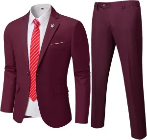 MrSure Men's 2 Piece Slim Fit Suit with Stretch Fabric, One Button Solid Jacket Pants & Tie Set