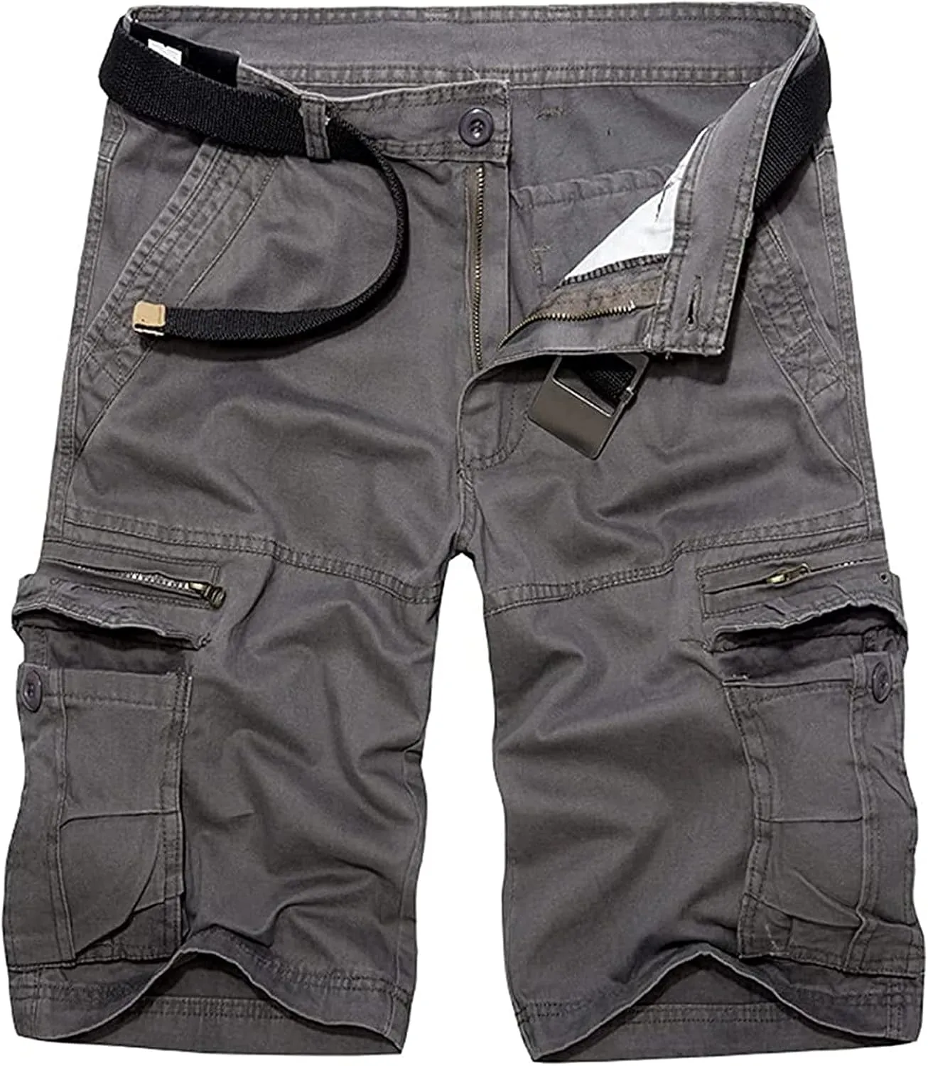 Muscularfit Mens Shorts Regular Fit Buckle Zipper Multi Pockets Cargo Shorts Summer Tooling Shorts Solid Work Utility Shorts