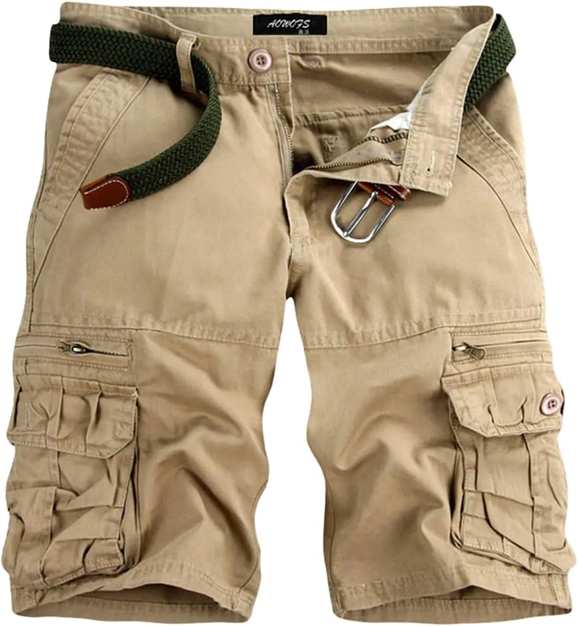 Muscularfit Mens Shorts Regular Fit Buckle Zipper Multi Pockets Cargo Shorts Summer Tooling Shorts Solid Work Utility Shorts