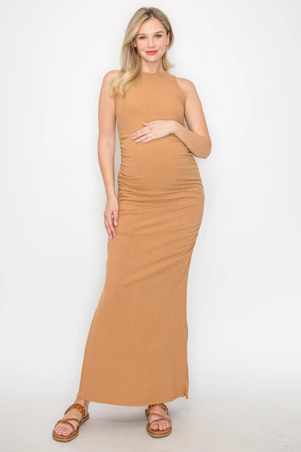 My Bump Women's Tank Ribbed Casual Comfortable Maternity Pregnancy Long Dress W/Side Slit(Made in USA)