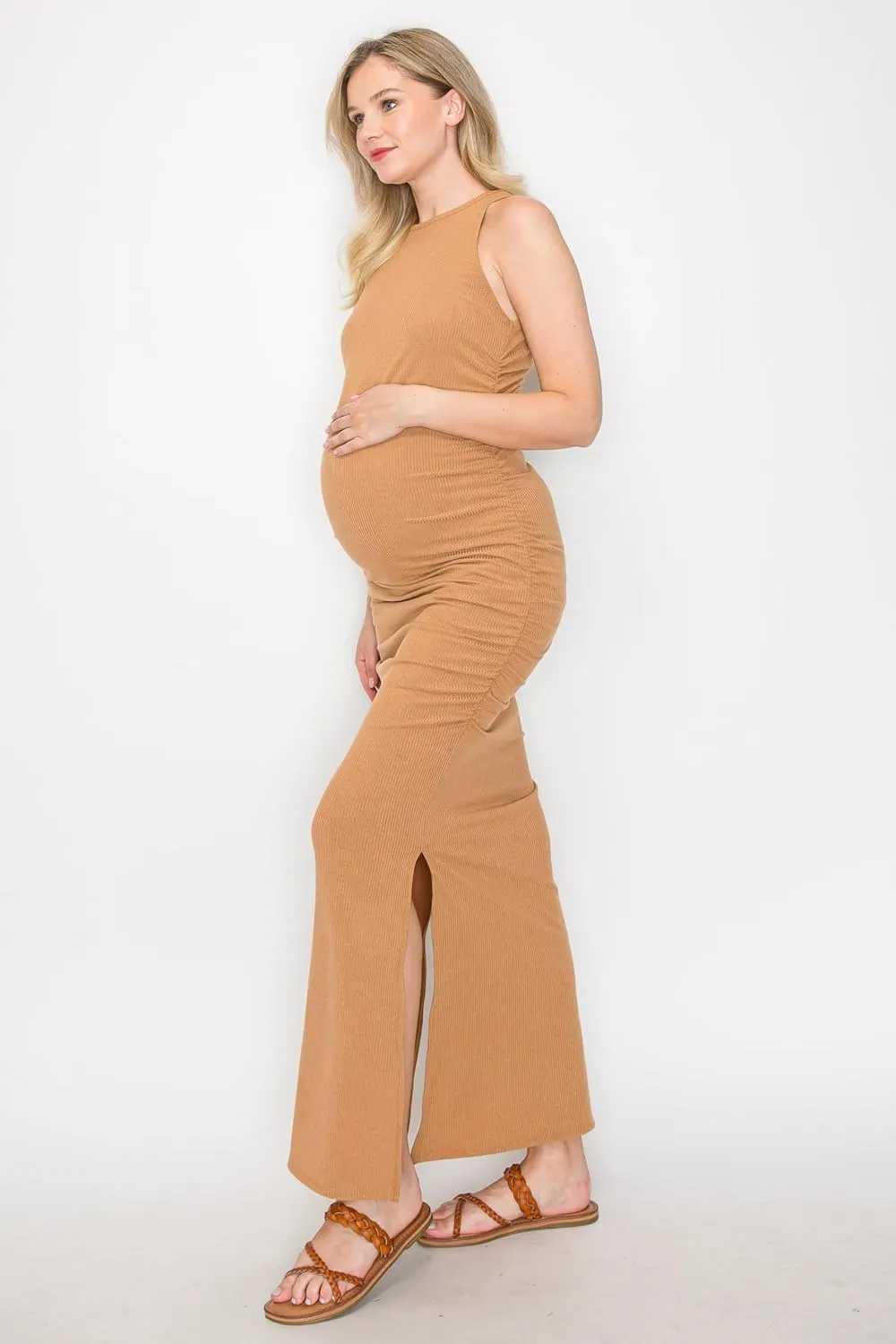 My Bump Women's Tank Ribbed Casual Comfortable Maternity Pregnancy Long Dress W/Side Slit(Made in USA)