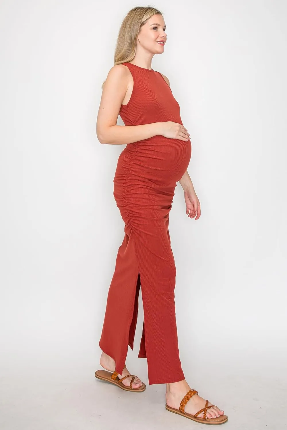 My Bump Women's Tank Ribbed Casual Comfortable Maternity Pregnancy Long Dress W/Side Slit(Made in USA)