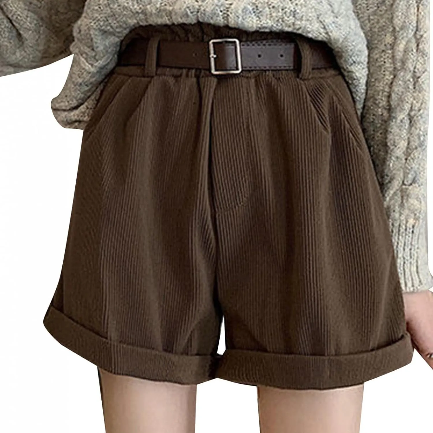 Nyybw High Waisted Shorts for Women, 2022 Wide Leg Flared Beach Summer Shorts Corduroy Cuffed Hem Pants with Pockets