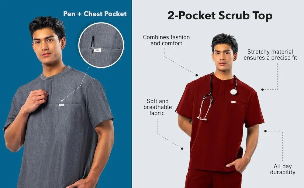 Peelz Karl Henley 2-Pocket Scrub Top for Men - Soft Stretch Fabric Scrubs, 3-Button Design Men's Scrub Tops, Comfort Fit