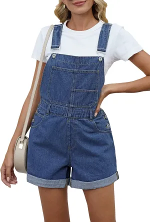 Pink Queen Women's Denim Shortalls Casual Adjustable Straps High Waist Bib Jeans Overalls Shorts Romper with Pockets