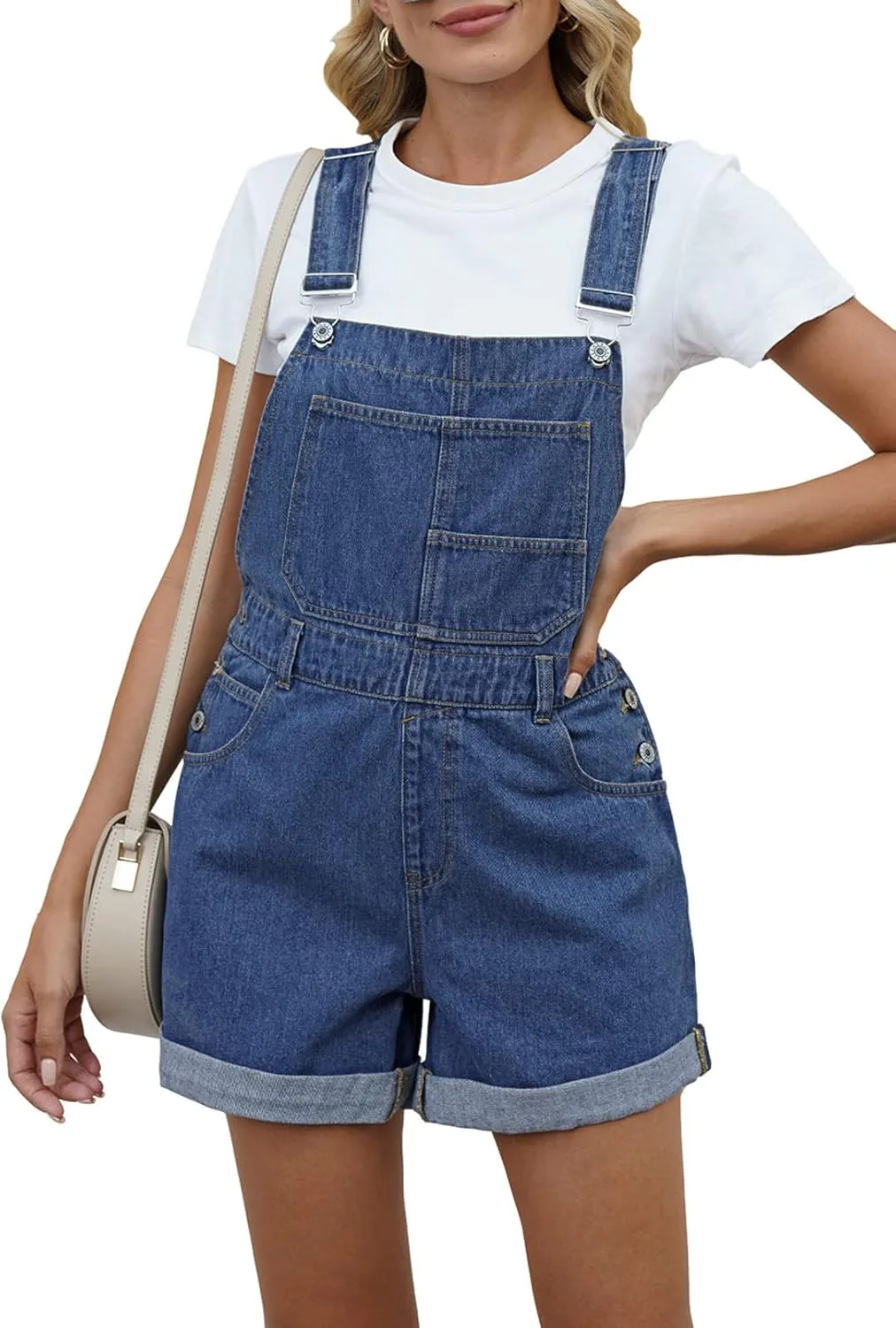 Pink Queen Women's Denim Shortalls Casual Adjustable Straps High Waist Bib Jeans Overalls Shorts Romper with Pockets