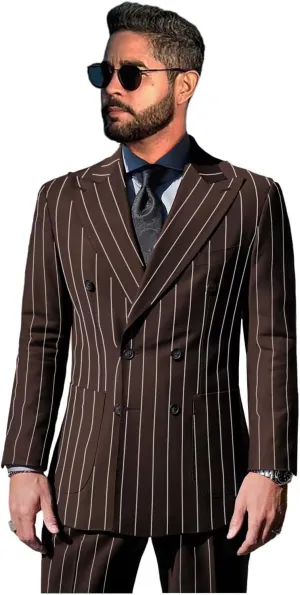 Pinstripe Suits for Men Double Breasted Tuxedo Regular Fit 2 Piece Blazer Pants Peak Lapel Suit Set for Wedding Prom