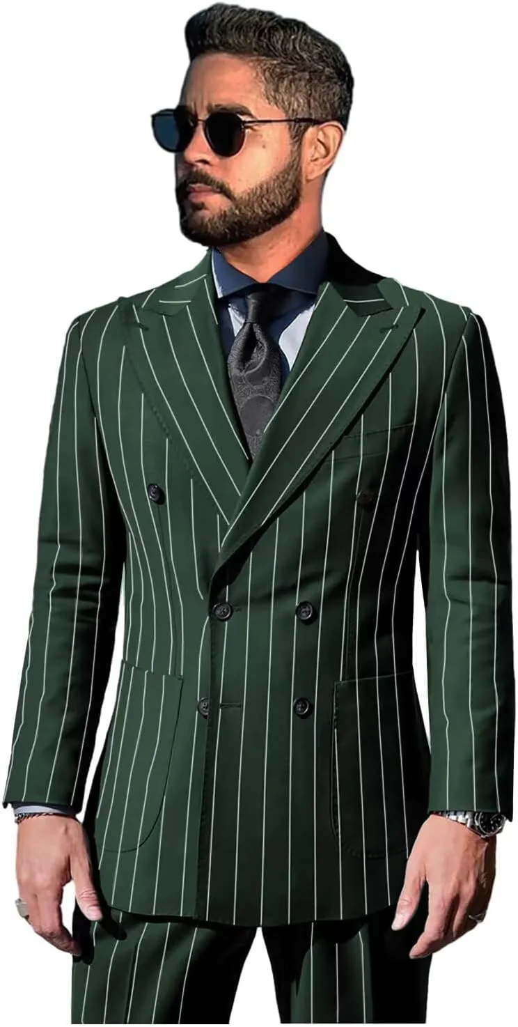 Pinstripe Suits for Men Double Breasted Tuxedo Regular Fit 2 Piece Blazer Pants Peak Lapel Suit Set for Wedding Prom
