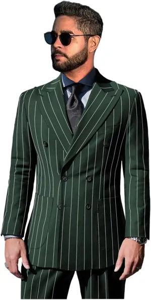Pinstripe Suits for Men Double Breasted Tuxedo Regular Fit 2 Piece Blazer Pants Peak Lapel Suit Set for Wedding Prom