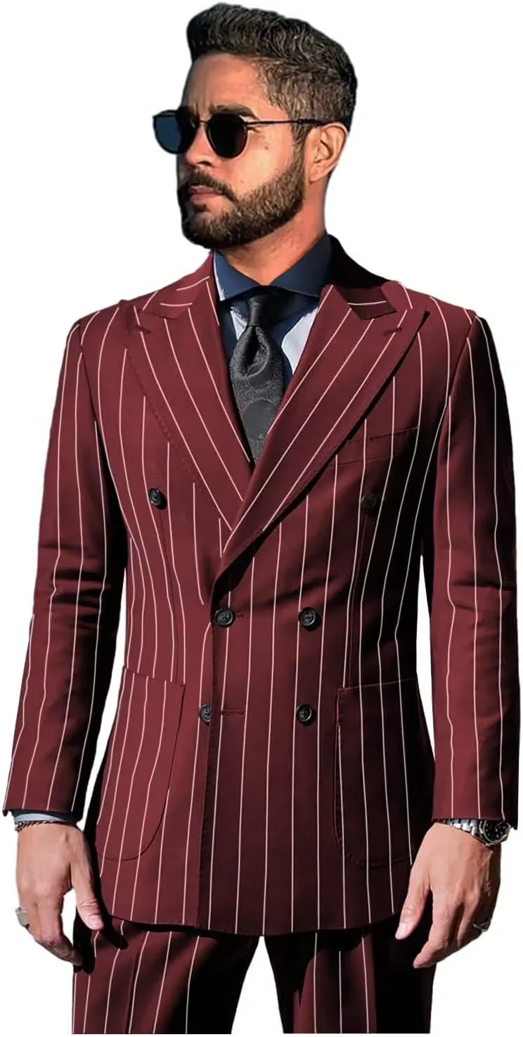 Pinstripe Suits for Men Double Breasted Tuxedo Regular Fit 2 Piece Blazer Pants Peak Lapel Suit Set for Wedding Prom